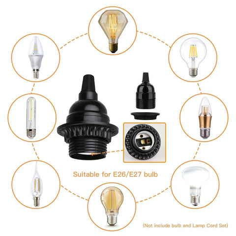 8 Pack E26 E27 Light Sockets In Black With Medium Screw Base And Shade Ring, Retro Edison Style Lamp Holders For DIY Pendant Lighting, Keyless Socket Covers, Replacement Parts For Craft Projects And Home Decor