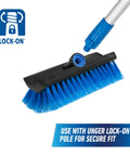 10 Inch Bi Level Soft Wash Brush Drops Onto Water Flow Poles Easily, blue bristle with black base attached to Lock-On pole.