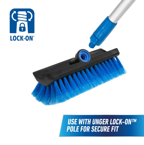 10 Inch Bi Level Soft Wash Brush Drops Onto Water Flow Poles Easily, blue bristle with black base attached to Lock-On pole.