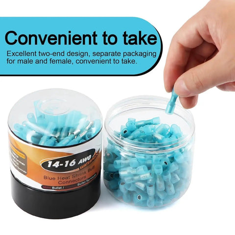 Get This Amazing 300Pc Heat Shrink Bullet Wire Connector Kit With 150 Male And Female Terminals For 14-16 Awg Blue Quick Disconnect Fast Wiring Jobs That Rock, blue connectors in storage jar