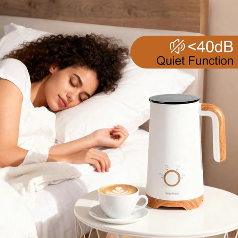 Powerful 4 In 1 Electric Milk Frother And Warmer With Dual Whisks beside a sleeping woman, showcasing quiet operation