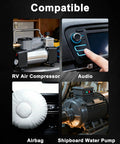 Image showing RV air compressor, car audio system, airbag, and shipboard water pump with 'Compatible' text.