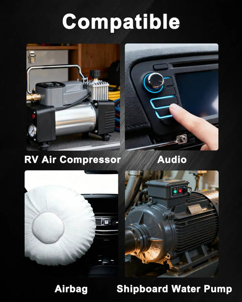 Image showing RV air compressor, car audio system, airbag, and shipboard water pump with 'Compatible' text.