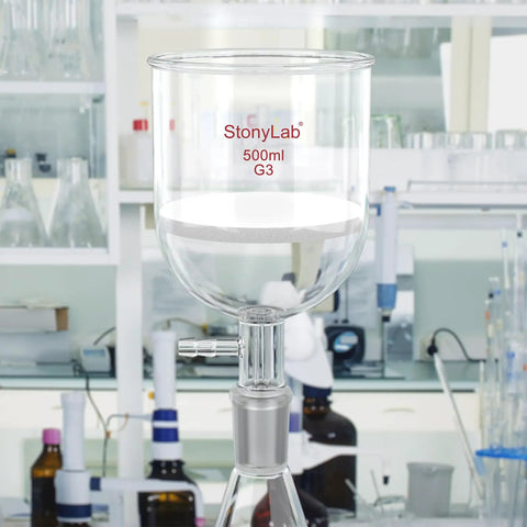 Borosilicate Glass Buchner Filtering Funnel With Fine Frit G3 94mm ID and Vacuum Serrated Tubulation, 500ml Capacity in lab setting.