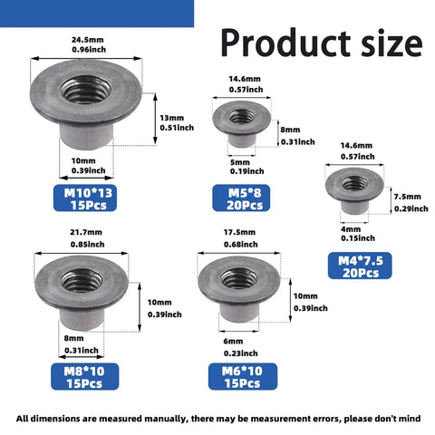 Heavy Duty 85Pc Tee Nut Kit With M4 M5 M6 M8 M10 Round Base Weld T Nuts showing various sizes and dimensions for secure hold.