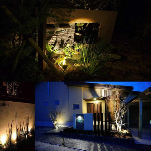 6 Pack Low Voltage Outdoor Landscape Lights 6W LED Spotlight Kit 12V 24V Waterproof Warm White Garden Lawn Yard Pathway Lighting With Easy Install For Patio Walkways And Outdoor Decor, highlighting plants and entryway at night