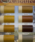 Premium Elastic Log Stain In Chestnut Shade 5 Gallon Pail color samples including chestnut, natural, and hazelnut.