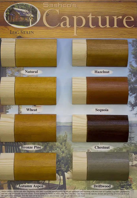 Color samples of Elastic Log Stain Wheat 5 Gallon Pail Pack Of 1 showing various wood tones for log homes.