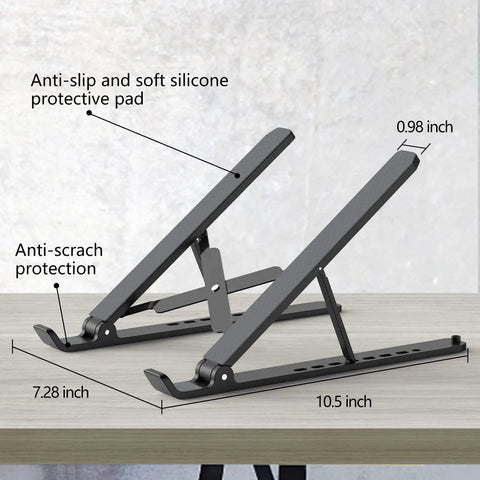 Go-To Adjustable Laptop Stand Desk Ergonomic Riser Elevates from 2.78 to 6.5 inches, ventilated ABS silicone, side view on table