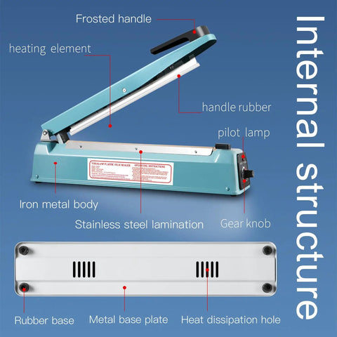 All Metal Body Impulse Heat Sealer for Plastic Bags 8 Inch Manual Sealing Machine with labeled parts and internal structure