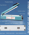 Top Shelf 12 Inch Manual Pulse Sealer Heavy Duty All Steel Gear For Plastic And Shrink Bags Adjustable Temperature Dial Built Like A Tank Comes With On The Fly Repair Kit In Blue internal structure showing components and features.