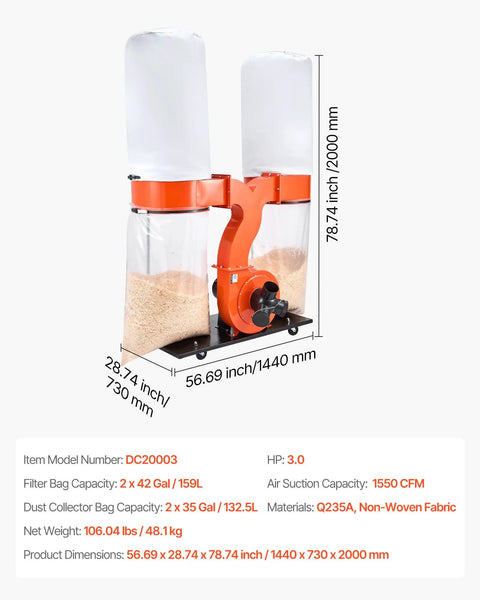 High Power Dust Collector With 1550 CFM Vortex Cone For Fast Wood Dust Pickup, 2.5 Micron Filtration, 3.0 HP Sawdust System