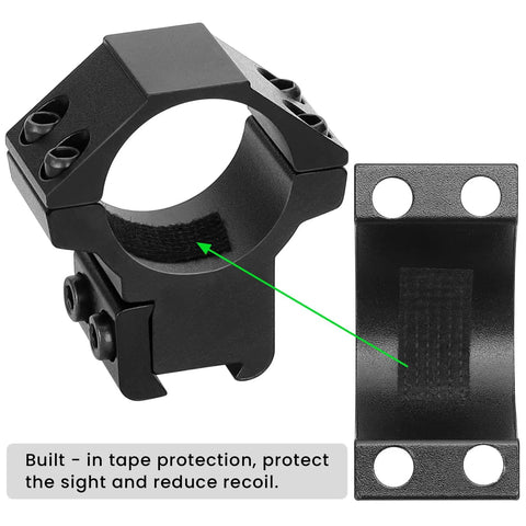 1 Inch Dovetail Scope Ring Set With 2 Medium Profile Mounts And Hex Wrenches, Fits Three Eighths Inch Dovetail Rails, showing tape protection