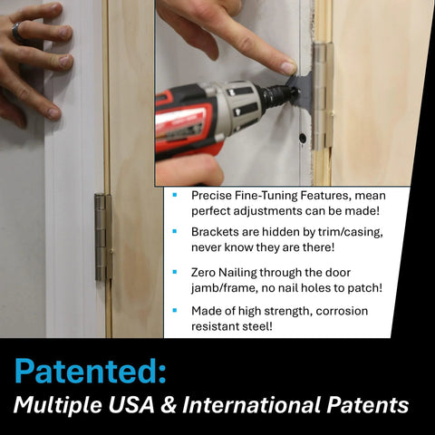 Premium Door Install Kit Max Strength Secures Both Sides To Wall With Patented Bracket System being installed on door frame.