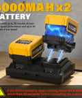 3 In 1 Cordless Leaf Blower Vacuum Mulcher With Bag Brushless Power 360 CFM 5 Speed Modes Battery Operated Lawn Care Tool Includes 2x4Ah Batteries And Charger showing yellow 4000mAh battery charging on a dock with lightning effect.