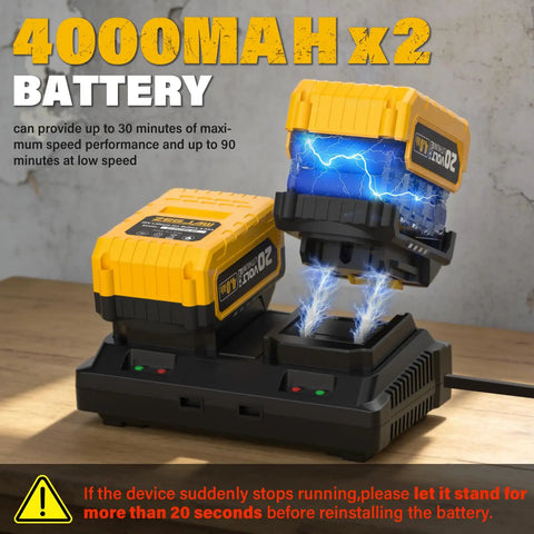 3 In 1 Cordless Leaf Blower Vacuum Mulcher With Bag Brushless Power 360 CFM 5 Speed Modes Battery Operated Lawn Care Tool Includes 2x4Ah Batteries And Charger showing yellow 4000mAh battery charging on a dock with lightning effect.