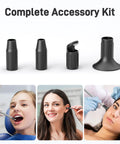 Complete accessory kit for various handheld devices including tips; applications shown for dental, ear, and skin inspection.