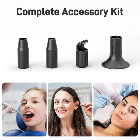 Complete accessory kit for various handheld devices including tips; applications shown for dental, ear, and skin inspection.