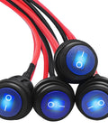 Rugged Waterproof Round Rocker Switch 12V SPST On Off With Blue LED Lighted 3 Pins 20A 25x25x35mm Pre Soldered Wires 200mm For Car Auto Boat Truck Electrical DIY, 4-pack