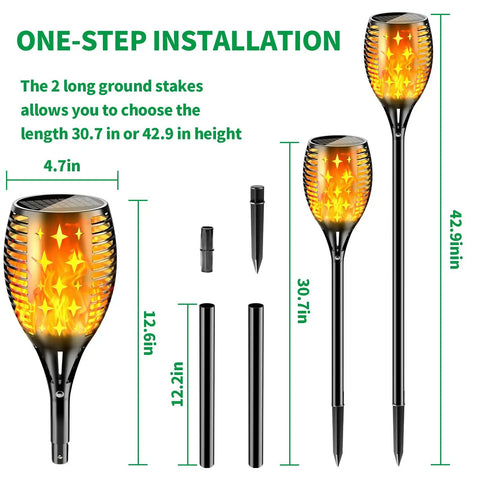 Diagram showing 43 Inch Solar Torch Lights With Flickering Flame Effect, Waterproof Outdoor Torches, 2 Pack, adjustable heights 30.7 to 42.9 inches.