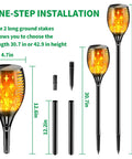 Diagram showing Solar Torch Lights With Flickering Flame For Outdoor Garden Yard And Patio 43 Inch Tall Waterproof, adjustable height.