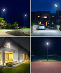 All Season Sun Powered Stunner Solar Outdoor Wall Floodlights With Smart Motion Sensor And Wireless Remote For Driveway Security Dusk To Dawn Drop Dead Bright Led Lighting illuminating dark driveway and pathways at night.