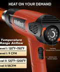 Kickin 1500W Heat Gun Workhorse With Smooth Variable Dial And Dual Airflow Reaching Up To 1200 Fahrenheit showing variable temperature control and nozzle.