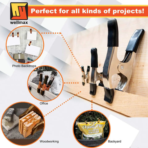 Nickel Plated Metal Spring Clamps Set For Woodworking And Photography Backdrops, Heavy Duty Clips In 2, 4, 6 Inch Sizes in use