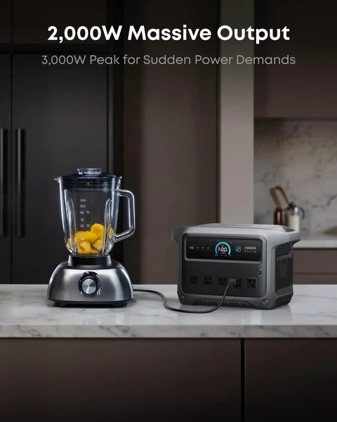 UltraFast Portable Power Station With 1024Wh LiFePO4 Battery And 100W Bifacial Solar Panel powering a blender on kitchen counter