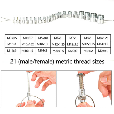 Nut and bolt thread gauge set from Amazon with 24 SAE/inch and 21 metric sizes; metal gauges and usage photos.