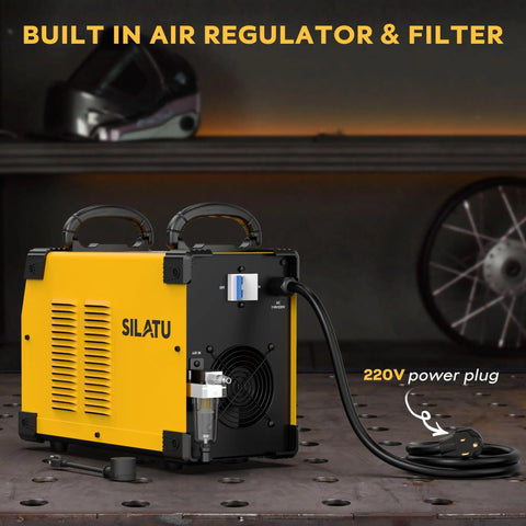 85 Amp Plasma Cutter With HF Non-Touch Pilot Arc, Dual 110V/220V Inverter, yellow and black with 220V plug on metal table