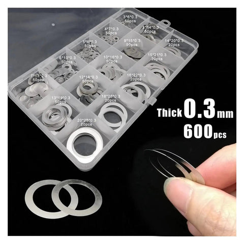 Ultra Thin Flat Washer Set 600 Pieces M3 To M20 304 Stainless Steel Gasket Shim Assortment 0.2mm Thick Heavy Duty Washers For Precise Load Distribution And Rust Resistant Outdoor Use, 0.3mm case