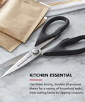 All Purpose Kitchen Shears with Protective Sheath, Rust Resistant Stainless Steel Blades, Micro Serrated Edges on a countertop.