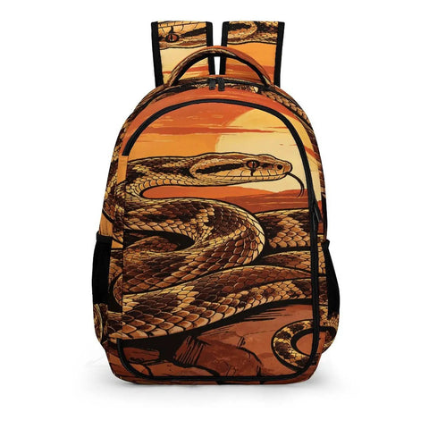 Retro Sunset Western Snake Printed Backpack For Everyday Use Unisex Large Capacity Durable Polyester Travel School Daypack With Breathable Fabric And Easy Zip Closure front view