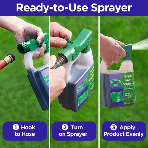 Heavy Duty Liquid Lawn Fertilizer With Iron And Nitrogen, Hose End Sprayer Included, Deep Green Turf application steps