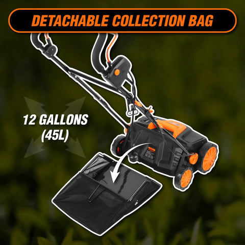 2-In-1 Electric Dethatcher And Scarifier with 15-Inch Clearing Path, 13-Amp Motor, 3300 RPM, detachable 12-gallon collection bag
