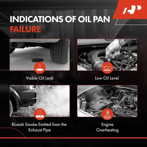 Diagram showing signs of oil pan failure: visible oil leak, low oil level, blue smoke, engine overheating.