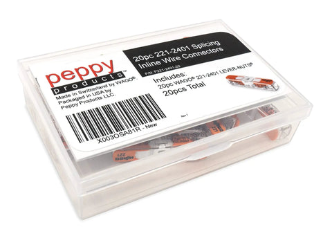 Lever Nuts Compact Splicing Inline Wire Connectors Case Included 20 Pack shown in clear plastic container.