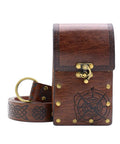 Badass Vintage Medieval Cosplay Belt For Men With Embossed Pu Leather Strap And Easy Adjust Buckle That Fits Snug And Looks Cool For Festivals Parties And Stage Wear with a brown pouch.