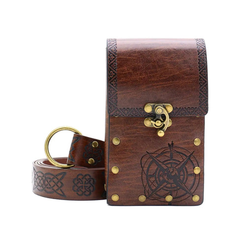 Badass Vintage Medieval Cosplay Belt For Men With Embossed Pu Leather Strap And Easy Adjust Buckle That Fits Snug And Looks Cool For Festivals Parties And Stage Wear with a brown pouch.