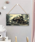 Rusty Steam Locomotive Wooden Hanging Sign 6x12 Inch Vintage Wall Decor Plaque displayed on a living room wall