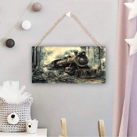 Rusty Steam Locomotive Wooden Hanging Sign 6x12 Inch Vintage Wall Decor Plaque displayed on a living room wall