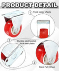 Product detail view of 1.5 Inch Red Swivel Caster Wheels Set, 8 Pack PVC Plate Casters With 66 Lb Capacity Each showing features