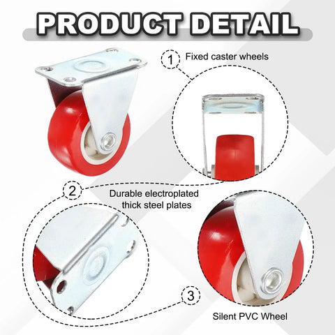 Product detail view of 1.5 Inch Red Swivel Caster Wheels Set, 8 Pack PVC Plate Casters With 66 Lb Capacity Each showing features