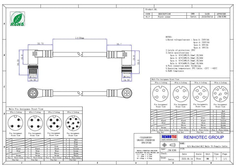 Technical drawing of 8 Pin M12 Right Angle Connector Cable With A Coding 1 Meter Length AWG22 M12 Male To Female For Industrial Applications Secure Fast Connections In Harsh Environments.