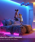 Room with Indoor RGB LED Strip Lights 16.4ft 5050 SMD With Remote and 24V Power Adapter illuminating walls in blue and pink