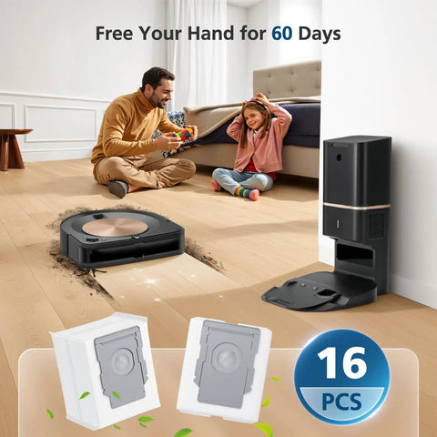 16 Pack Vacuum Bags For iRobot Roomba Series with Easy Fit and Roomba cleaning dirt from floor