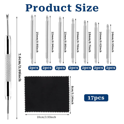 Watch Band Pins Replacement Kit 16 Pieces Pro Grade 1.5mm Stainless Steel Heavy Duty Link Remover Set sizes 14mm to 25mm shown