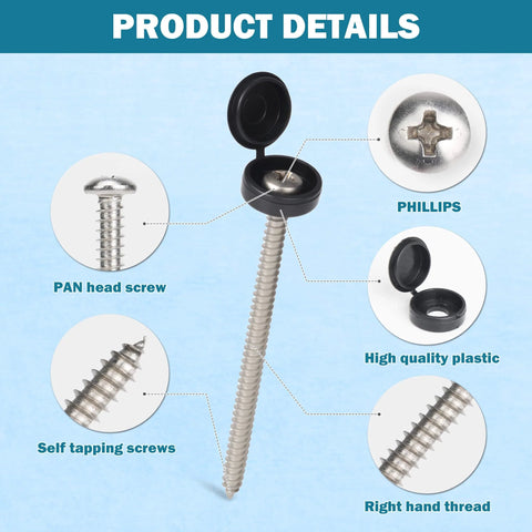 50 Pack Number 10 Two And Three Quarters Inch Shutter Screws With Black Caps Self Tapping Pan Head Phillips Wood Fasteners close-up