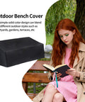 All Season Outdoor Bench Cover For 2 Seats Weatherproof Patio Furniture Protector shown with a woman reading on a bench